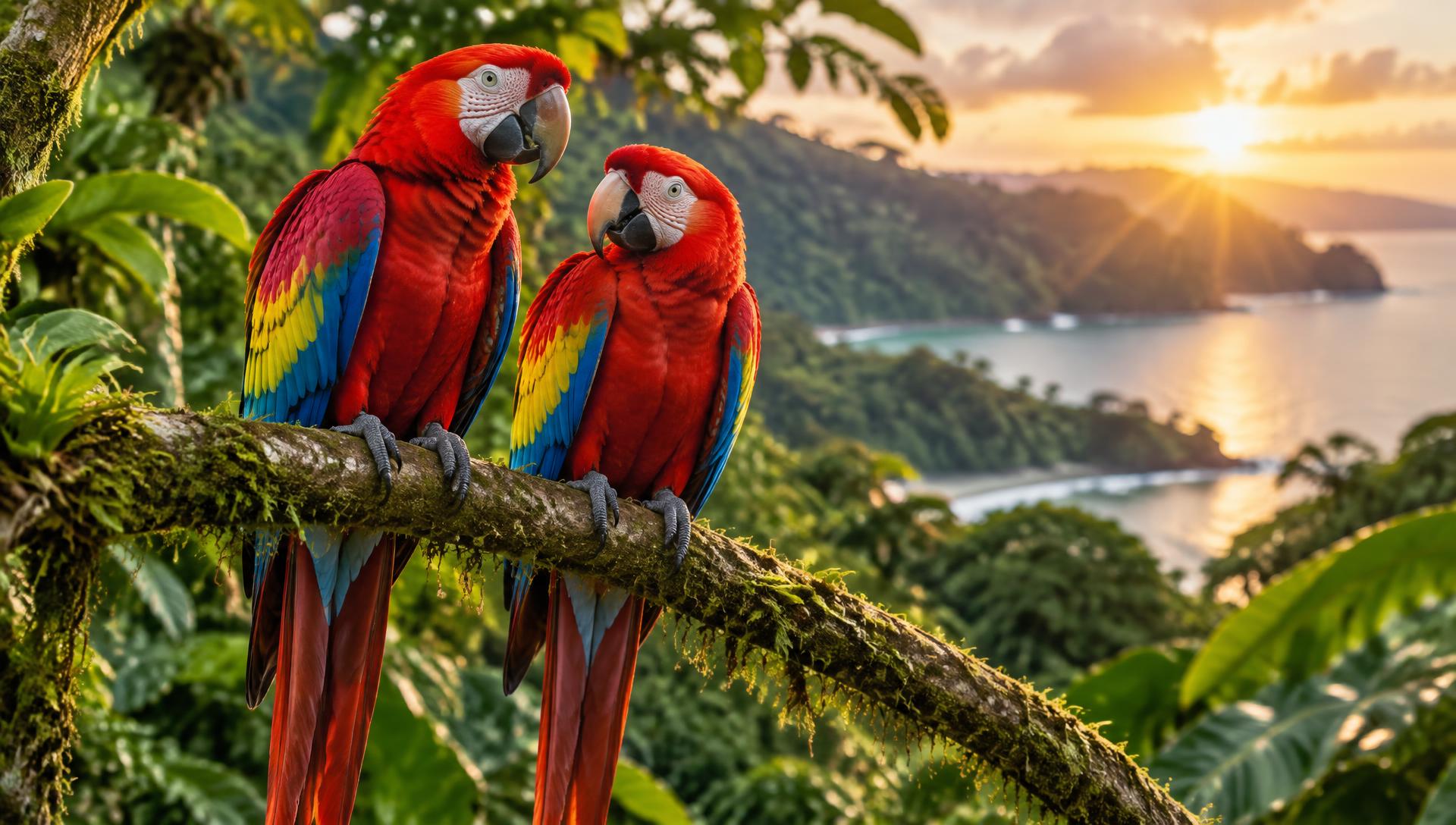 Scarlet macaws at golden hour.